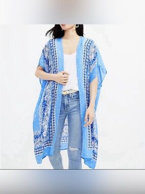 LOFT Trellis Blue Duster Wrap Boho Floral Flowy Open Front Kimono